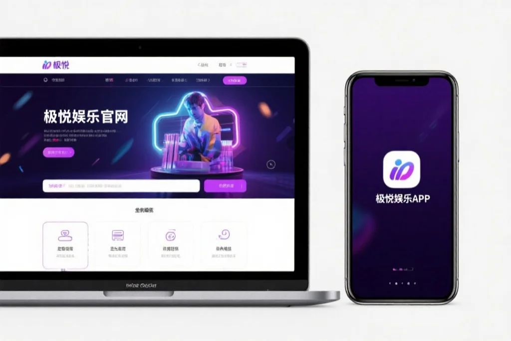 一台笔记本电脑屏幕上显示着乐冠娱乐官网的界面，旁边是一部手机显示着乐冠娱乐APP，两者并列对比